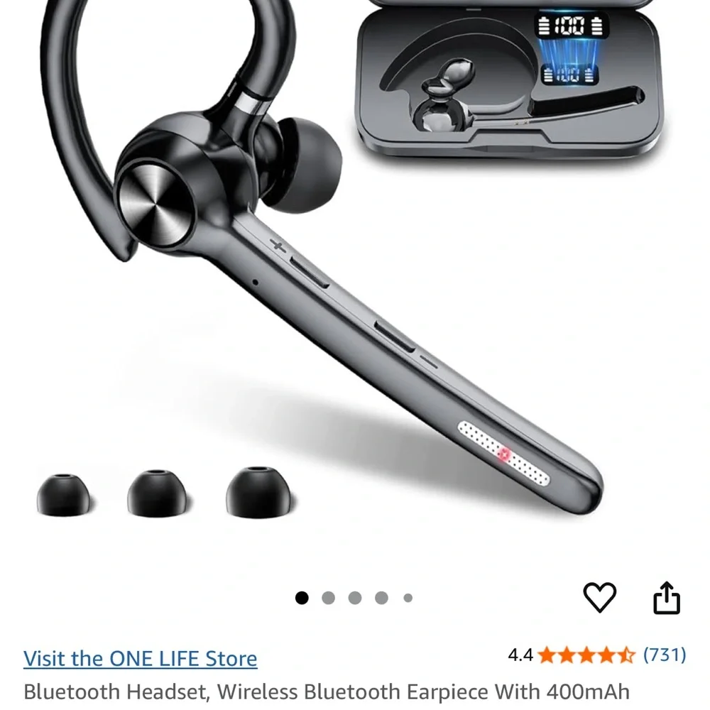 Black Bluetooth Headset with Over-Ear Hook and LCD Charging Case